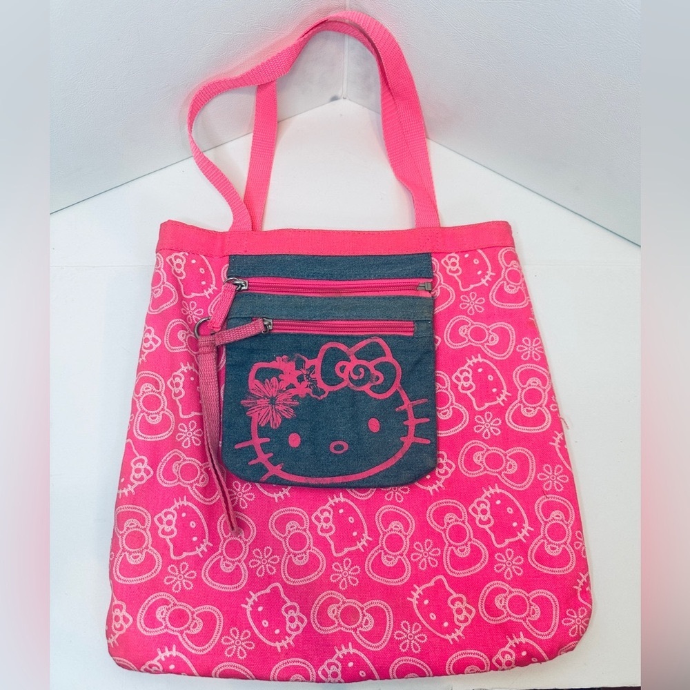 Hot Pink & Blue Hello Kitty Tote Bag All Over Bow & Hello Kitty Face Pattern
